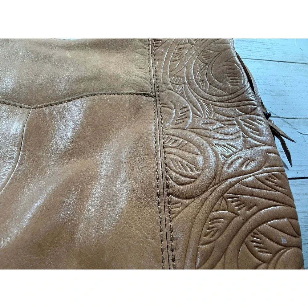 The Sak Tan‎ Leather Embossed Floral Hobo Shoulder Bag Tassel Tan Brown